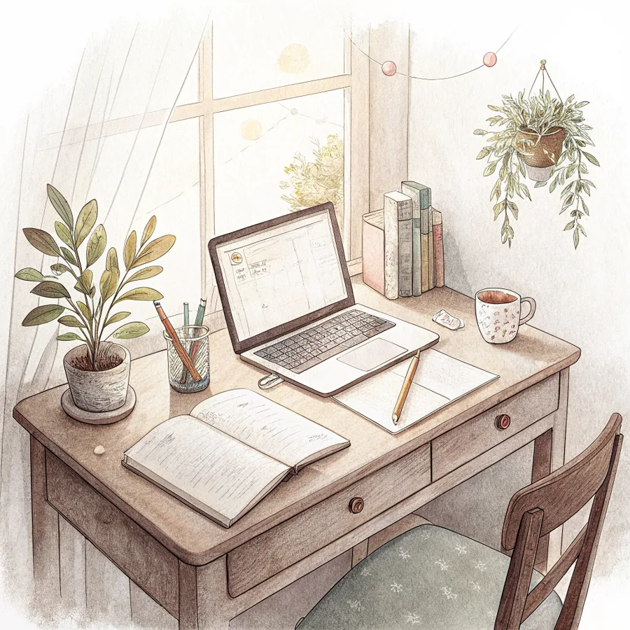 Aquarell: ein aufgeraeumter Schreibtisch mit Laptop und Pflanze