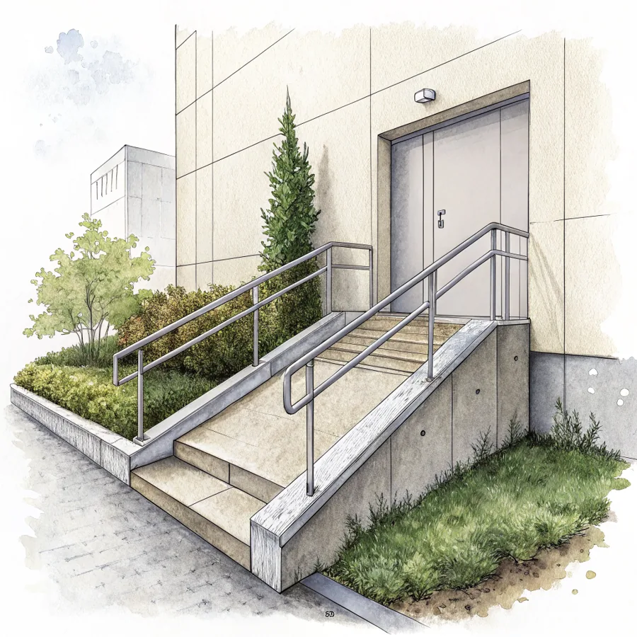 Aquarell: ein barrierefreier Rampen-Zugang neben einer Treppe zu einer Haustür