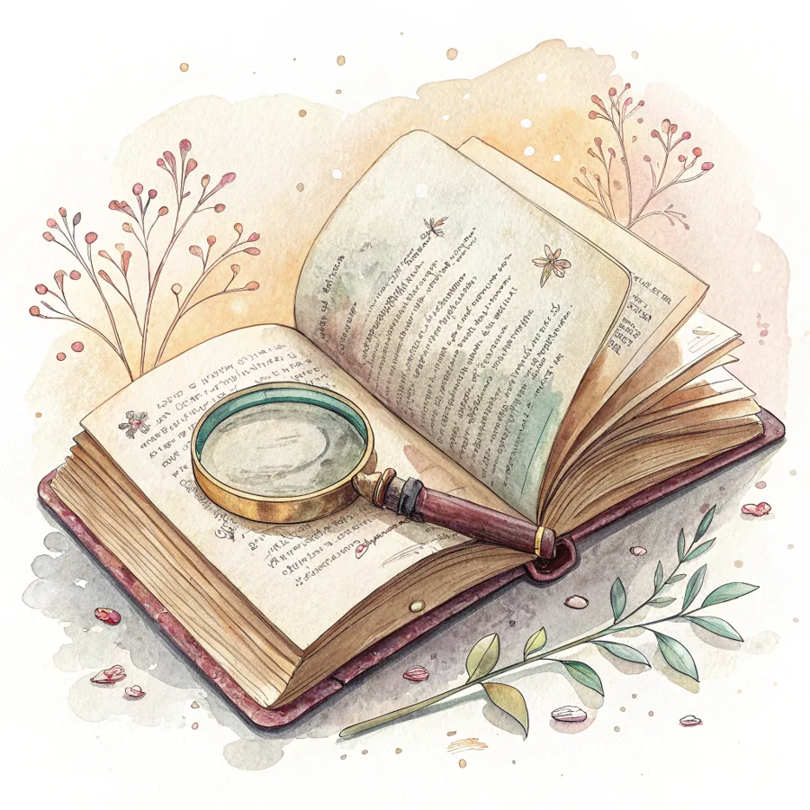 Aquarell: ein offenes Buch mit einer Lupe