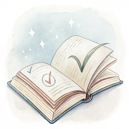 Ein offenes Buch mit einem einfachen Symbol und Häkchen
