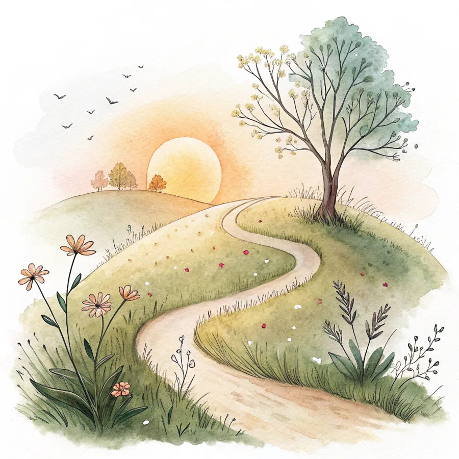 Aquarell: ein gewundener Weg, der zu einem warmen Sonnenaufgang hinauffuehrt