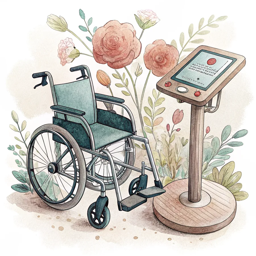 Aquarell: ein Rollstuhl und ein Tablet auf einem Staender