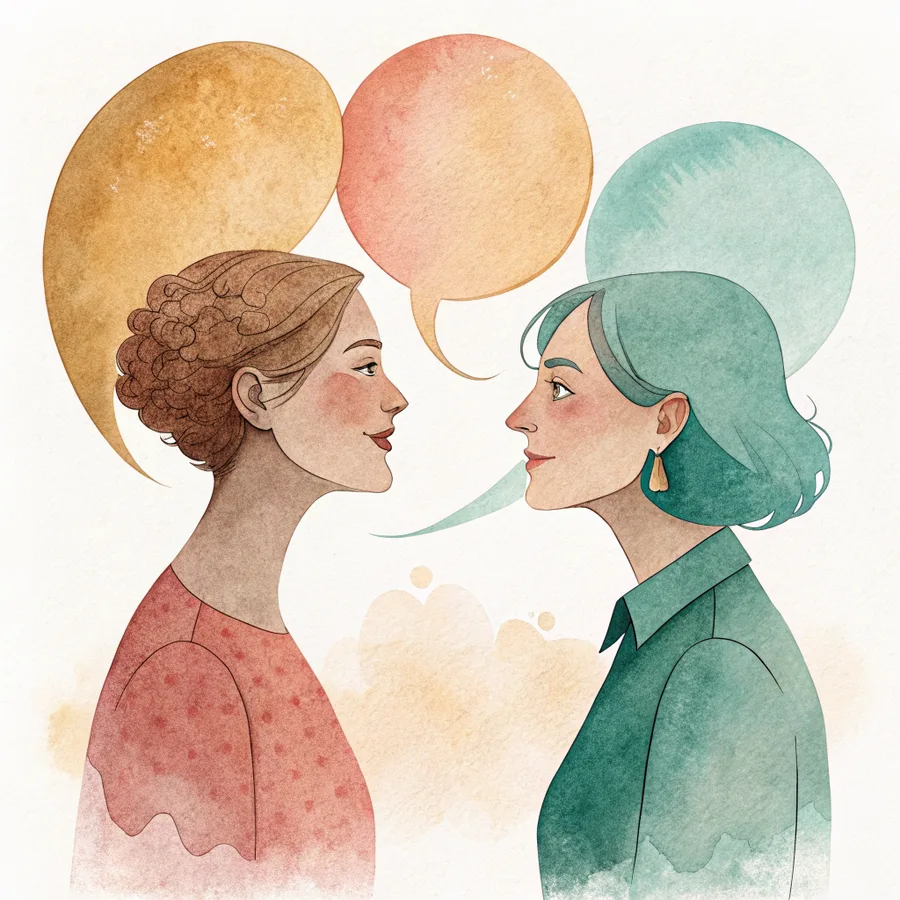 Aquarell: zwei Menschen, deren Sprechblasen zu einer gemeinsamen verschmelzen