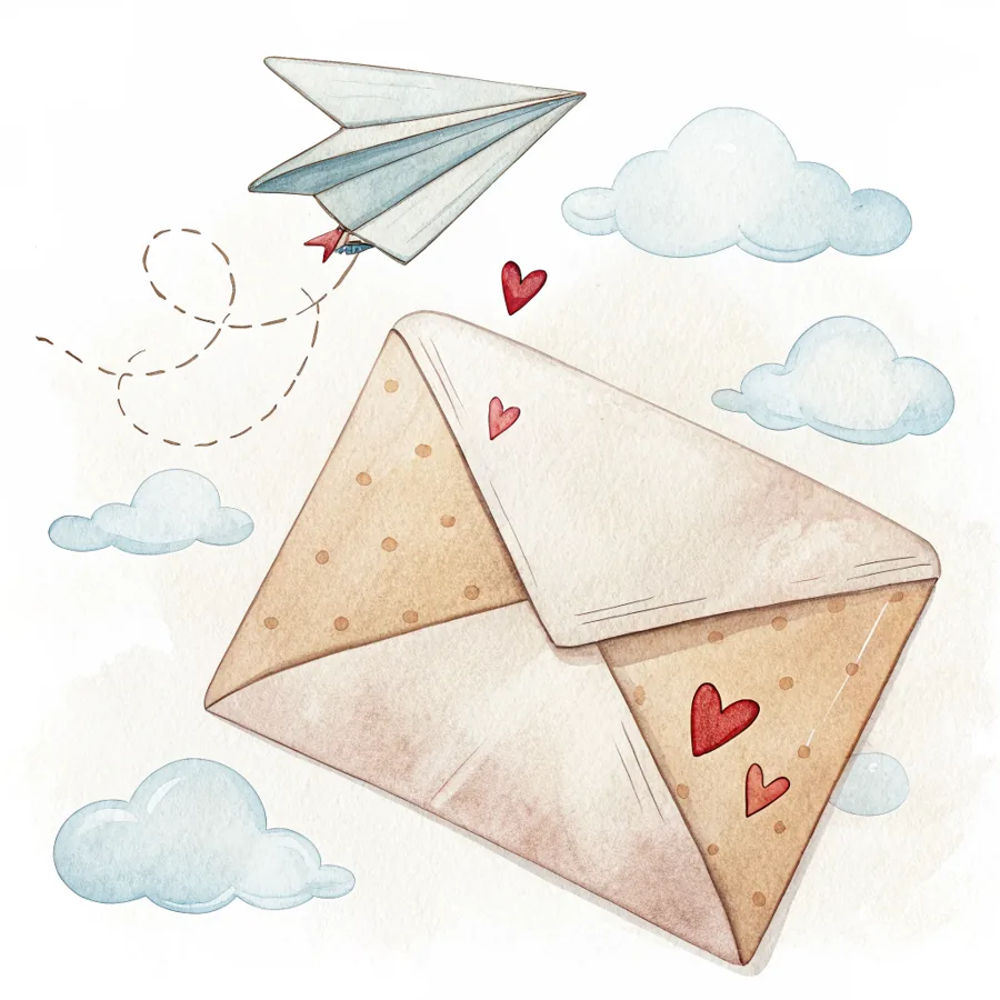 Aquarell: ein Briefumschlag mit einem kleinen Papierflieger