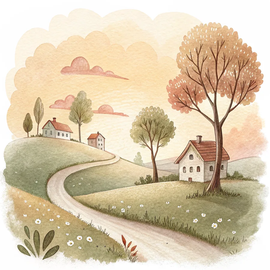 Aquarell: eine sanfte Landschaft mit einem Weg, Haeusern und Baeumen