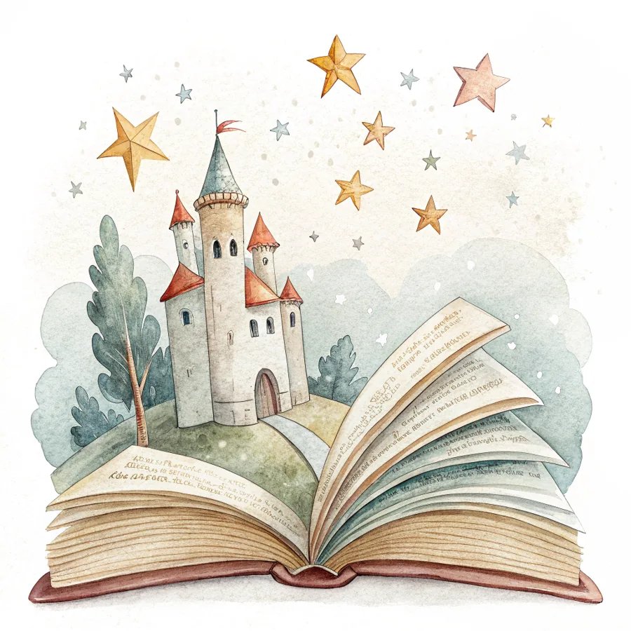 Aquarell: ein aufgeschlagenes Maerchenbuch mit kleinem Schloss und Sternen