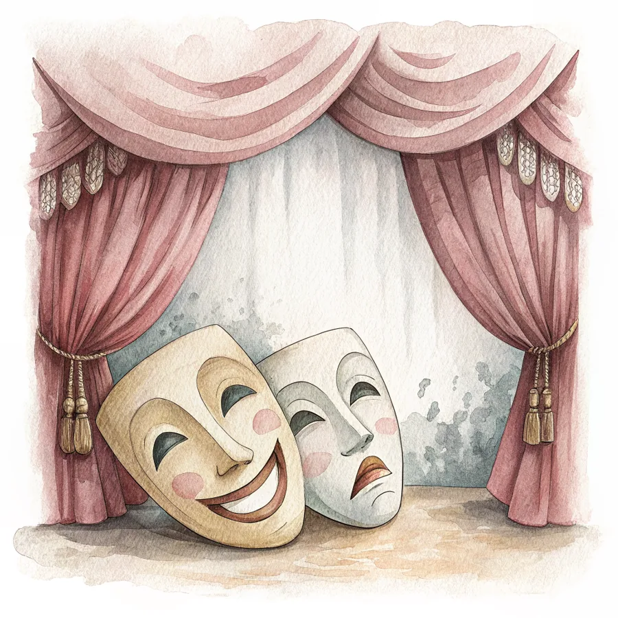 Aquarell: zwei Theatermasken vor einem sanften Buehnenvorhang