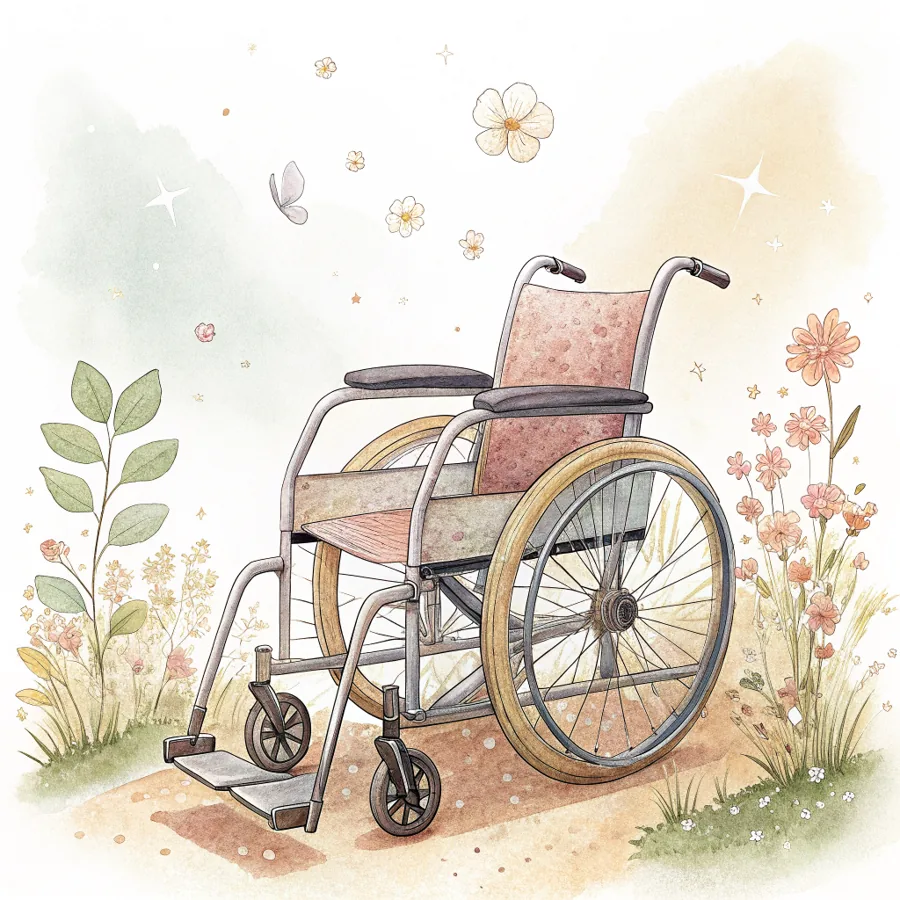 Aquarell: ein freundlicher, leerer Rollstuhl in warmem Licht