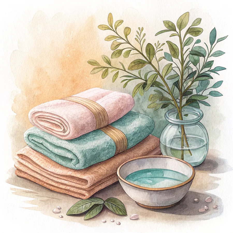 Aquarell: ruhiges Stillleben mit Handtuechern, Wasserschale und Pflanze