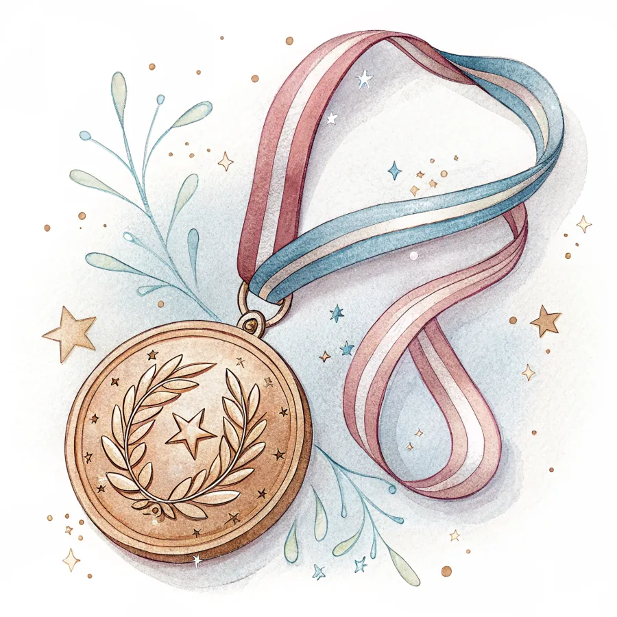 Aquarell: eine Auszeichnungs-Medaille mit Band und Glanzpunkten