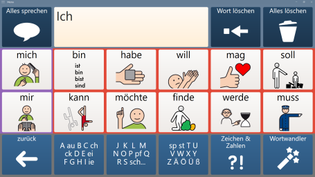 Kernvokabular-Seite zum S&auml;tze-Bilden: h&auml;ufige W&ouml;rter wie ich, bin, will, kann und ein Buchstabenfeld