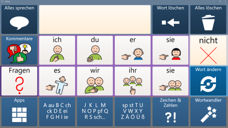 Seite mit pers&ouml;nlichen F&uuml;rw&ouml;rtern &ndash; ich, du, er, sie, es, wir, ihr, je mit Symbol &ndash; und einem Buchstabenfeld