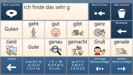 Wortvorhersage beim Schreiben: zum angefangenen Satz schl&auml;gt das Ger&auml;t W&ouml;rter mit g vor, etwa gut, genau, gemacht