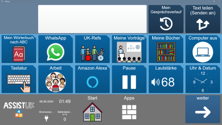 Hauptmen&uuml; meines Sprachcomputers mit Apps und Funktionen: Tastatur, WhatsApp, meine Vortr&auml;ge und B&uuml;cher, Lautst&auml;rke und Uhrzeit