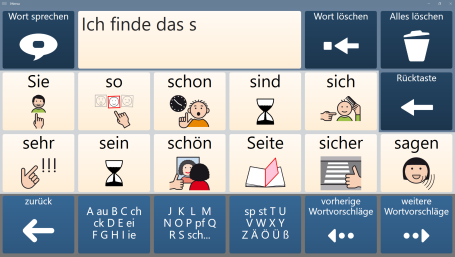 Wortvorhersage beim Schreiben: zum angefangenen Satz schl&auml;gt das Ger&auml;t W&ouml;rter mit s vor, etwa sch&ouml;n, sicher, sagen