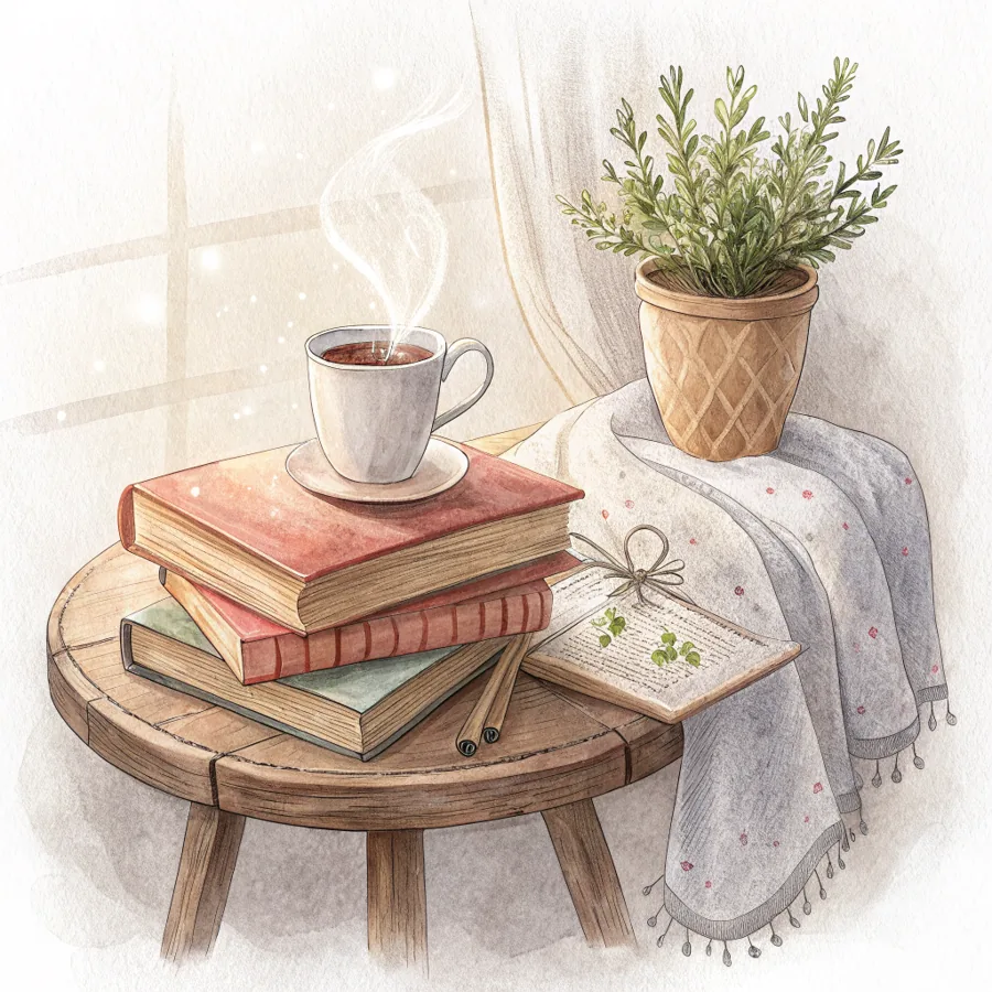 Aquarell: ein gemuetliches Stillleben mit Tasse, Buechern und Pflanze