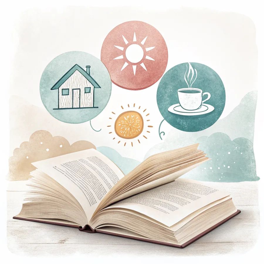 Aquarell: ein aufgeschlagenes Buch mit drei einfachen Bild-Symbolen - Haus, Sonne und Tasse