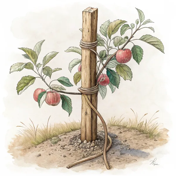 Aquarell: ein junger Baum, der an einem Stützpfahl festgebunden ist – Assistenz als verlässliches Gerüst