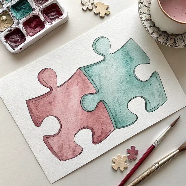 Aquarell: zwei ineinandergreifende Puzzleteile in Rosé und Petrol – gemeinsam einen Satz bauen