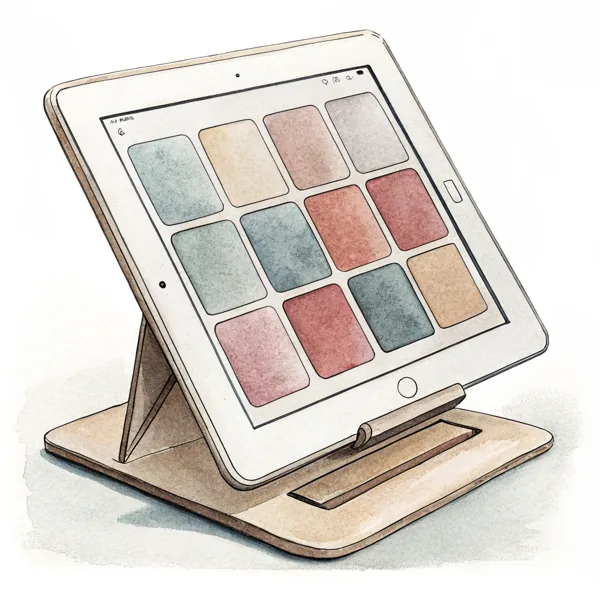 Aquarell: ein Sprachcomputer auf einem Ständer, auf dem Bildschirm ein Raster mit Symbolfeldern
