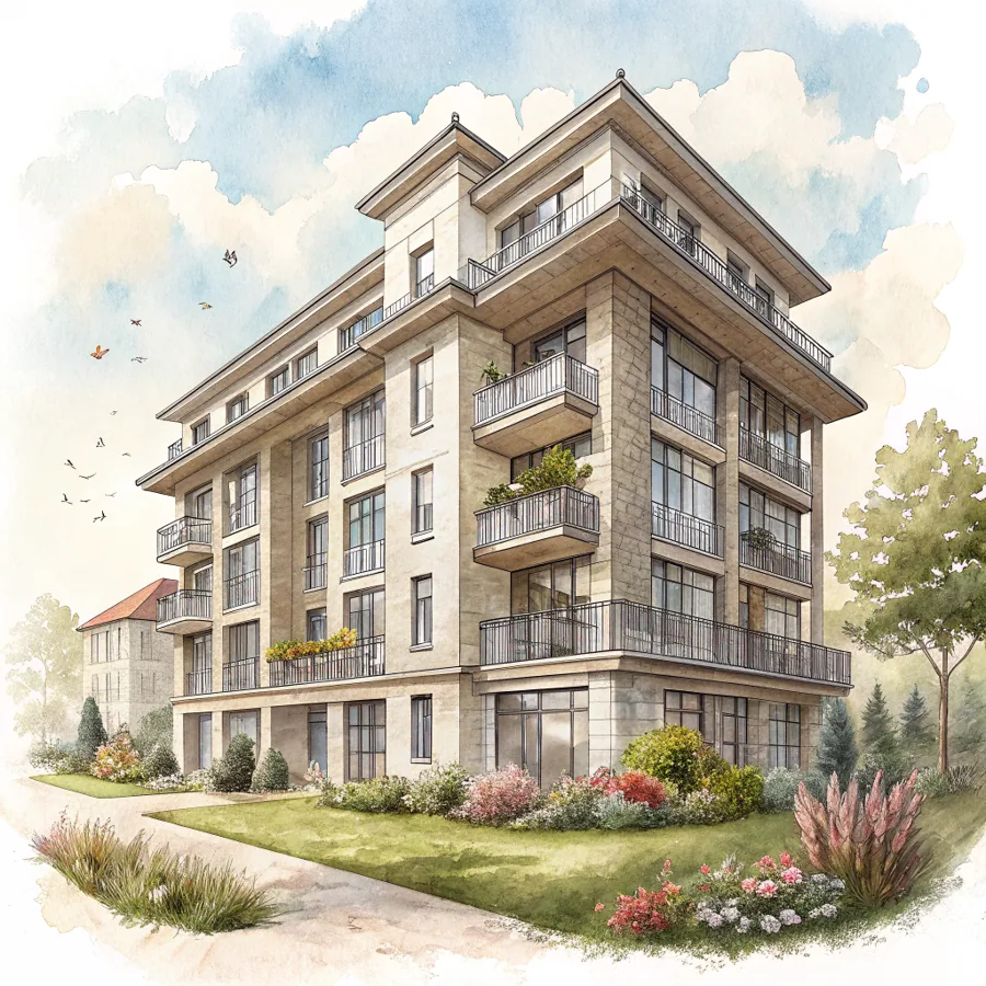 Aquarell: ein modernes Wohnhaus mit Balkonen und einem Baum davor