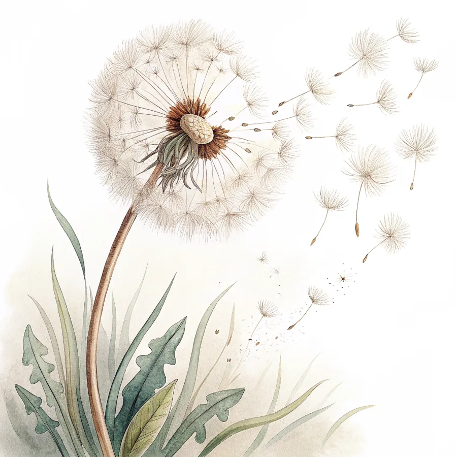 Aquarell: eine Pusteblume, deren Samen davonfliegen